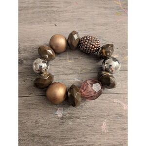 Chunky Mixed Bead Stretch Bracelet Earth Tone Bronze Silver Green Statement